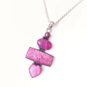 Sterling silver pink agate and scolecite pendant on 20" rope chain necklace New